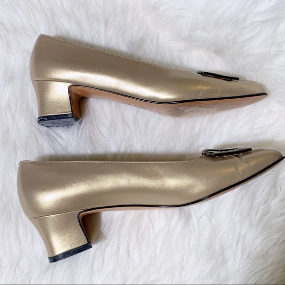 Ferragamo Large Logo Gold Leather Block Kitten Heel Shoes - Picture 4 of 6